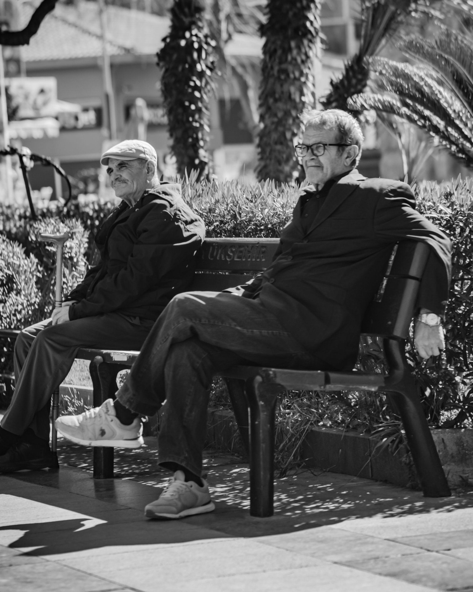 Senior citizens relaxing on a park bench
